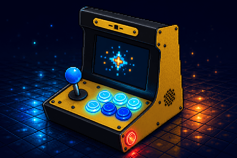 A glowing blue and gold Sparkade arcade cabinet